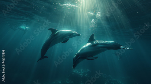 Sun illuminates ocean depths, mystical marine life, vibrant blues, dolphins forming Pisces.generative ai © JKLoma