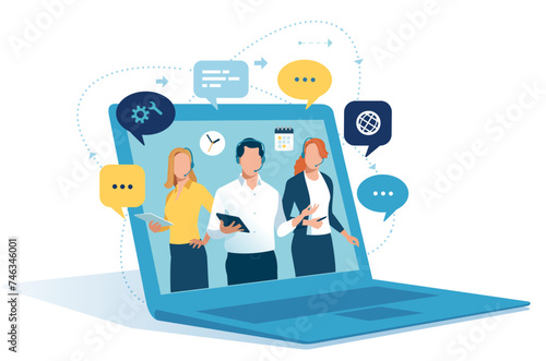 Call center. Customer service, hotline operators with headsets. Online technical support. Vector illustration.
