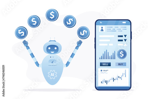 AI analyzes financial data, signals in stock market. Forex robot juggles dollar coins, making money in mobile app.