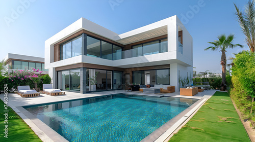 Modern house with pool, home exterior in evening with glowing interior lights and landscaping, Luxurious interior design, Apartment Buildings, garden furniture, sliding doors and decking,  ai generate © Azmee