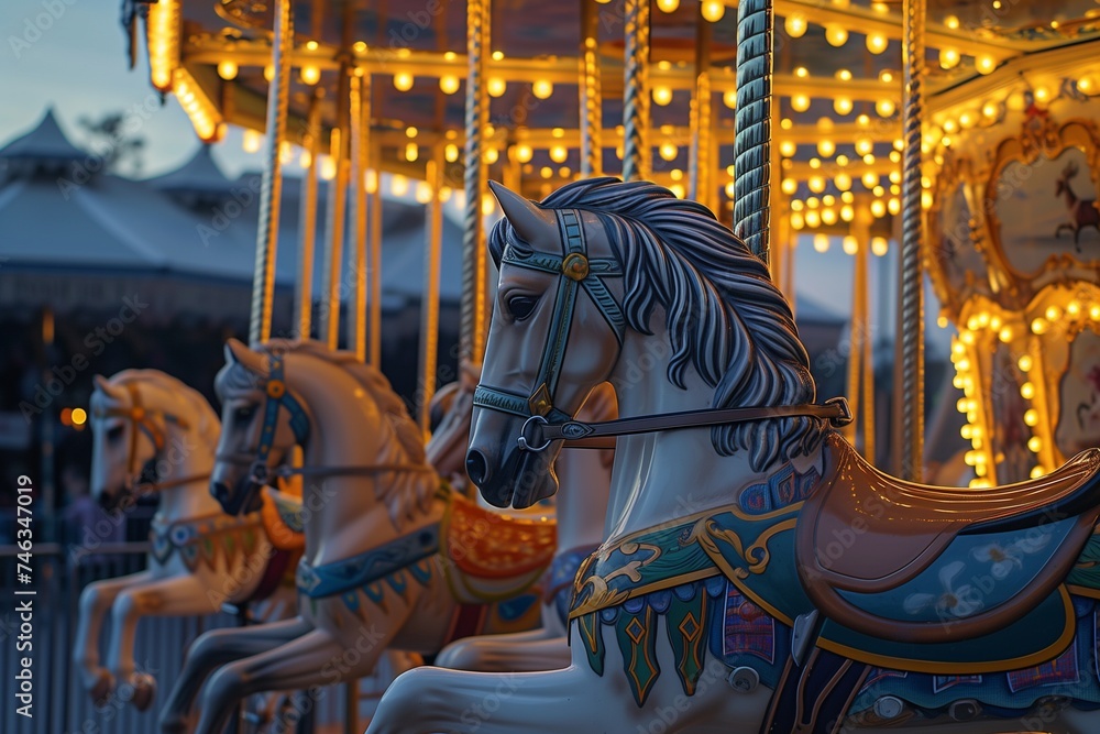 A close-up of a beautifully lit carousel at a summer carnival, captured at dusk.