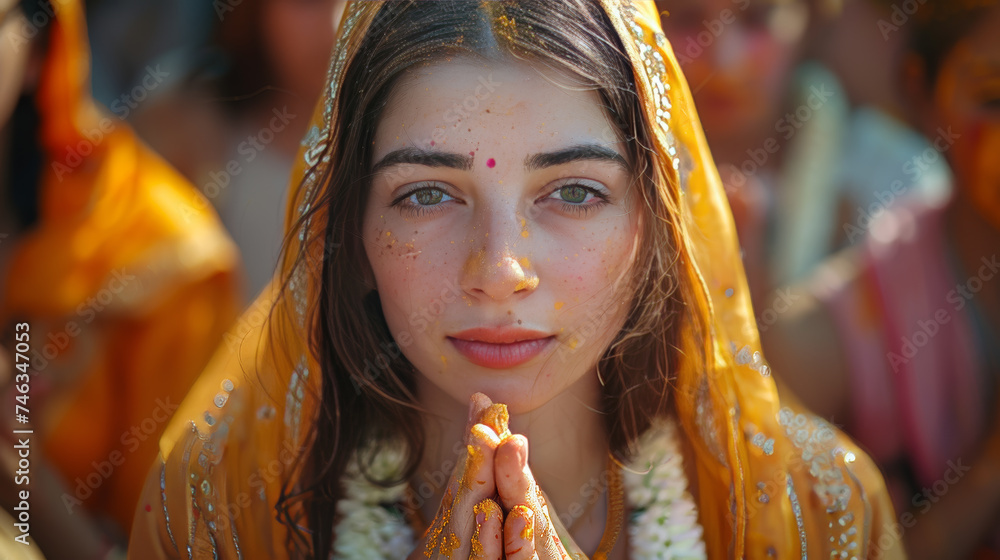 Foreign Hindu Follower Woman Praying with Deep Emotion