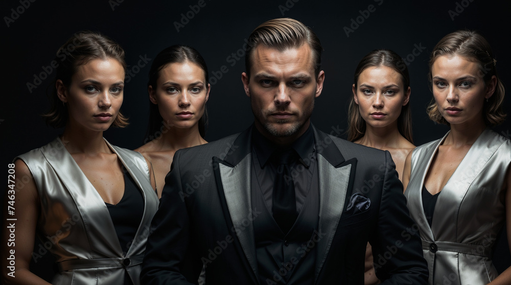 Sophisticated Team: A Confident Man with a Group of Elegant Women on a Dark Background