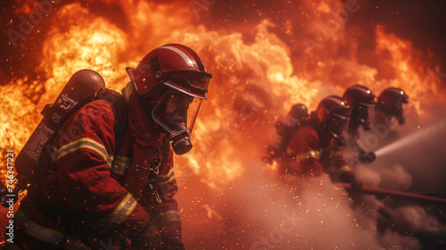 firemen using fire hose to extinguish a fire Inside burning building,generative ai © JKLoma
