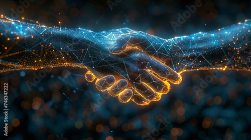 Handshake, Two wire-frame glowing hands, technology, business, trust concept,generative ai photo