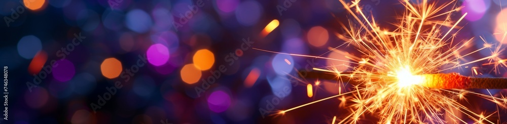 A closeup of a vibrant orange sparkler, its intense light casting a warm glow, set against a background of deep purple and blue bokeh lights, symbolizing the transition from the old year to the new.