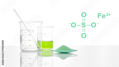 Obraz na plátně Ferrous Sulfate in chemical watch glass with chemical structure place next to Iron (II) sulfate liquid in Beaker