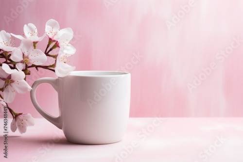 Ceramic white coffee mug with pink and white flowers in the wicker basket. Blank 11 oz mug mockup for design.