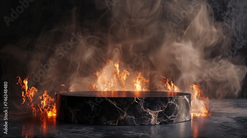 Dark marble pedestal or display platform with luxury stand podium surrounded by flames. Empty exhibition postament. 3D rendering.