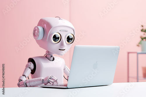 Cute with robot humanoid work on laptop against pink background ,