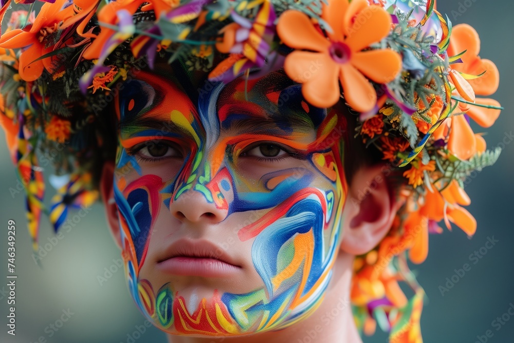 A close-up portrait of a young man with vivid, artistic face paint, featuring abstract designs.
