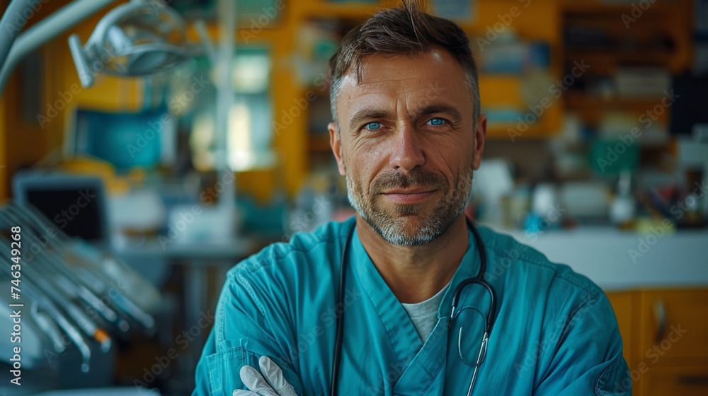 A Dentist with a Smile and a Drill and Gloves in a Selfie A Dentist with a Smile and a Drill and Gloves in a Selfie