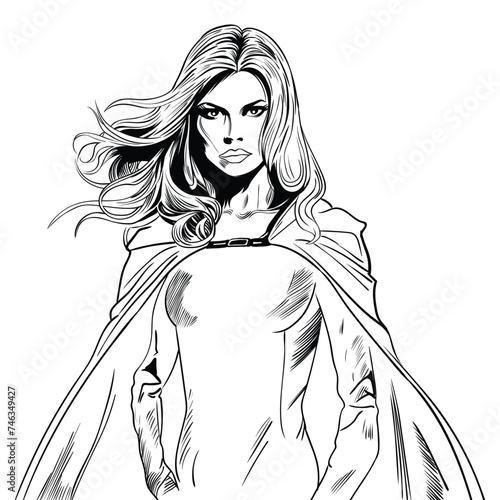 Pop art superhero girl. Young sexy woman dressed in cape shows superhero. Vector illustration in retro pop art comic style