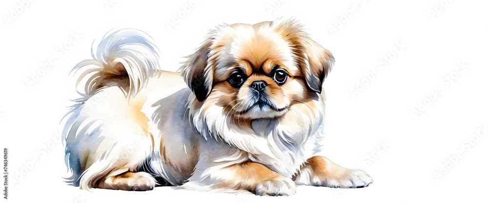 Pekinese with brown fur isolated on a white background. A dog with folded ears. Watercolor style dog illustration.