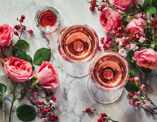 Flat-lay of rose wine in glasses and red spring blossom flowers bouquet over white marble background
