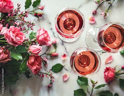 Flat-lay of rose wine in glasses and red spring blossom flowers bouquet over white marble background