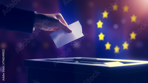 2024 European Union elections concept with European flag on background. A hand inserts the ballot into the ballot box.  photo