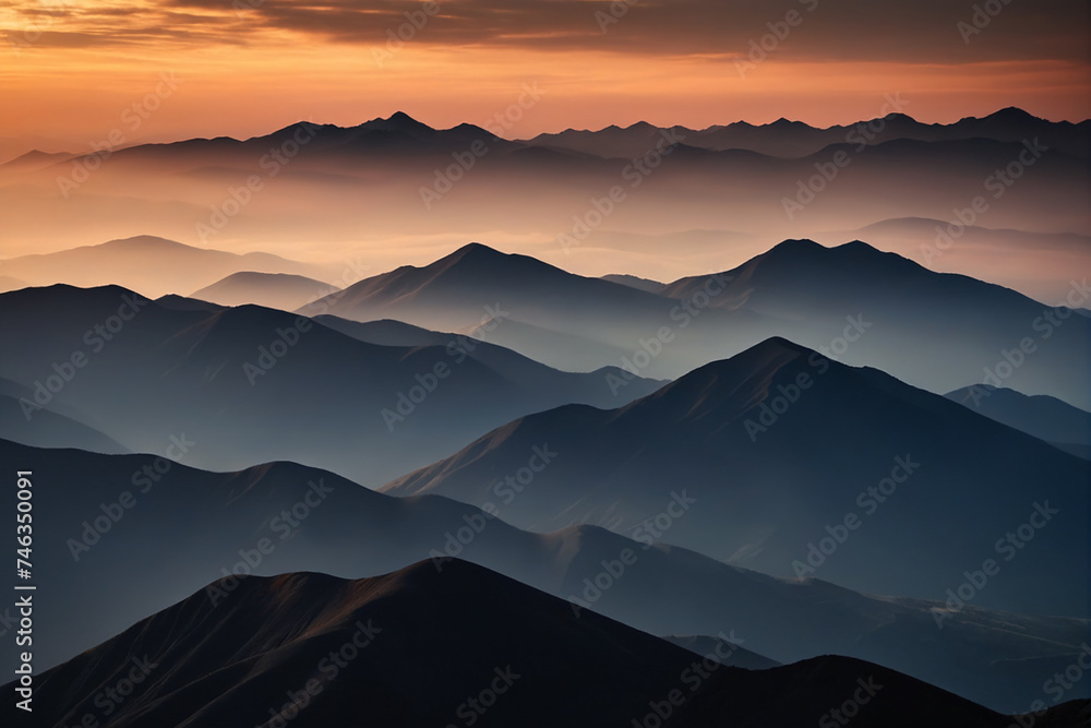 Abstract misty mountains at sunset background 