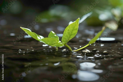 little tiny plants with little drop of water on the tiny leaves with mud and lush green color with mud in background of the leaves abstract background 