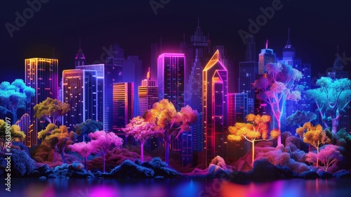 Neon-lit futuristic cityscape with vibrant illuminated trees reflecting off a serene water surface at night.