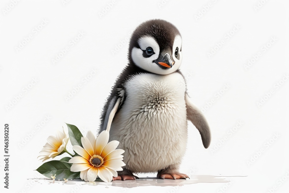 Fototapeta premium Cute sweet baby Penguin with flower, nursery art style, cartoon character for postcard, birthday, greeting card