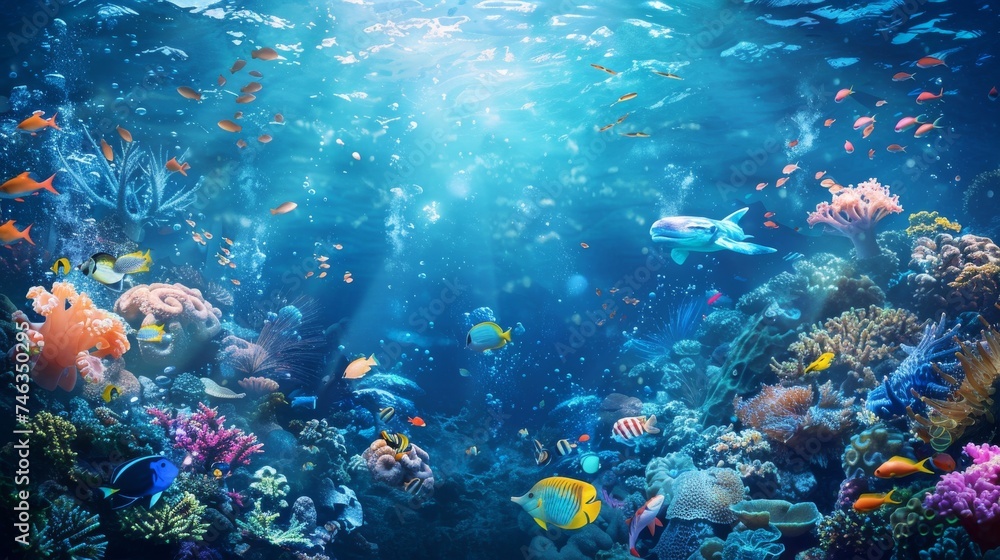Sunbeams illuminate a vibrant underwater ecosystem showcasing a rich diversity of coral and teeming with colorful marine life.