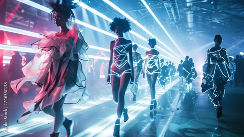 Models strut down the runway in a futuristic fashion show, adorned in neon-lit outfits under the dynamic glow of laser lights. photo
