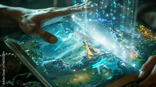 Hands part the pages of an enchanting book, revealing a luminous fantasy landscape that leaps off the pages with sparkling light.