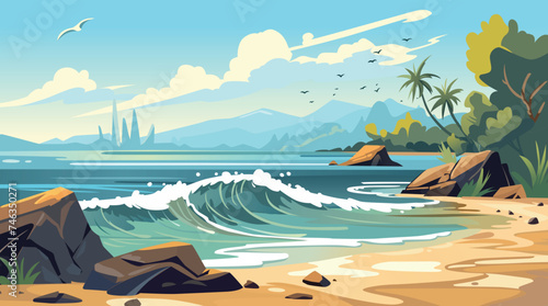 Palm beach with sand sea. Tropical beach landscape