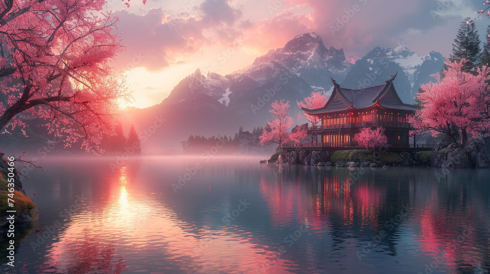 Tranquil river to Japanese dojo, cherry blossoms, colorful trees.generative ai Tranquil river to Japanese dojo, cherry blossoms, colorful trees.generative ai
