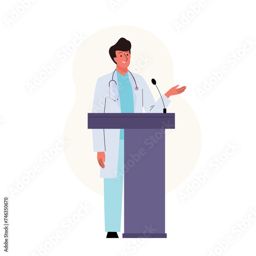 Male medical doctor standing at podium and giving a speech at a medicine conference. Presentation scientific research