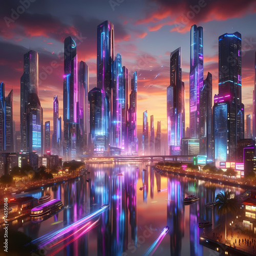 a futuristic cityscape at dusk, where towering skyscrapers are illuminated with vibrant neon lights, generative ai © cherif