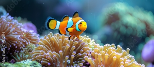 Vibrant clown fish swimming gracefully among colorful sea anemone tentacles in ocean reef © AkuAku