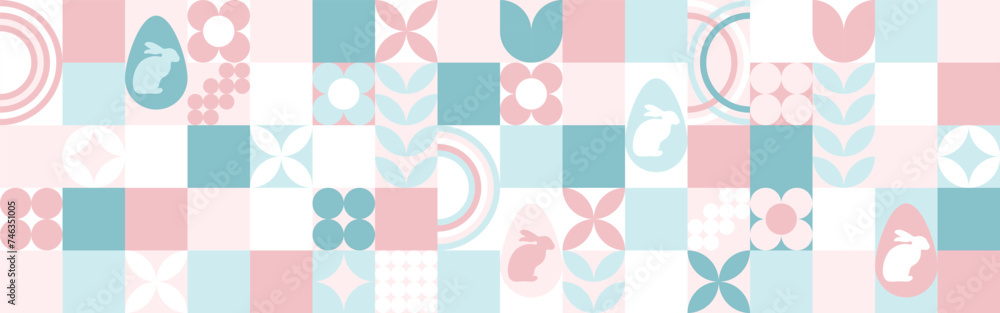 Seamless background for the spring holiday of Easter with a texture of circles and squares. Mosaic with geometric shapes, pastel background with eggs and hares.