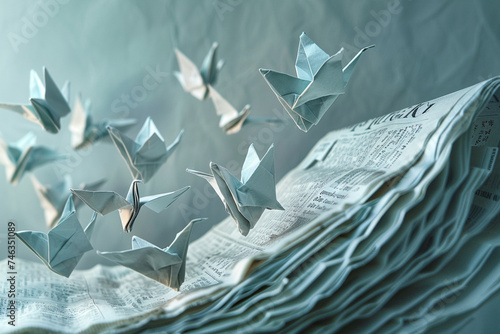 A creative composition of a financial newspaper turning into a flock of origami birds, symbolizing the freedom of financial growth.