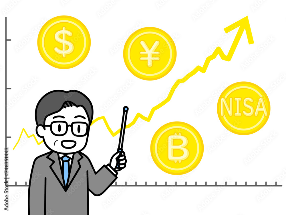 上昇傾向のチャートと指示棒を持って説明する男性専門家(折れ線グラフ・金貨) 上昇傾向のチャートと指示棒を持って説明する男性専門家(折れ線グラフ・金貨)