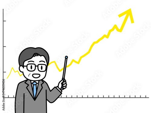 上昇傾向のチャートと指示棒を持って説明する男性専門家（折れ線グラフ）