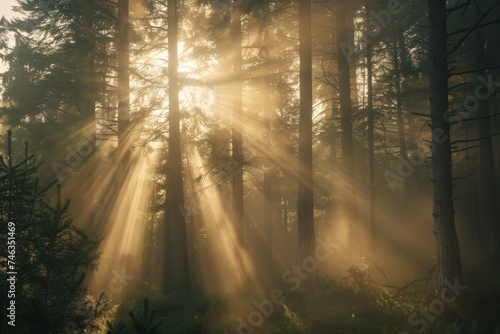 Redwood Forest in Sunlight, Green Pine Trees in Sunlight Rays Falling, Copy Space © artemstepanov