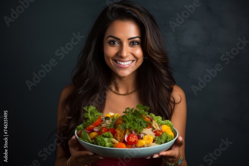  A close-up of a 34-year-old Indian woman enjoying a nutritious salad, promoting healthy eating habits on World Health Day