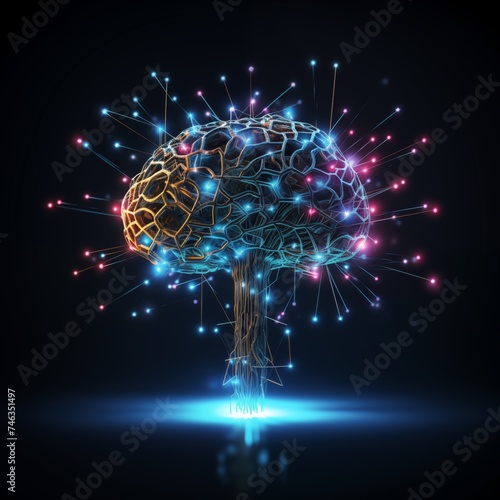 
A holographic image of a human brain floating in the air with a system of neurons and impulses, transmitting signals in the form of light and flashes.