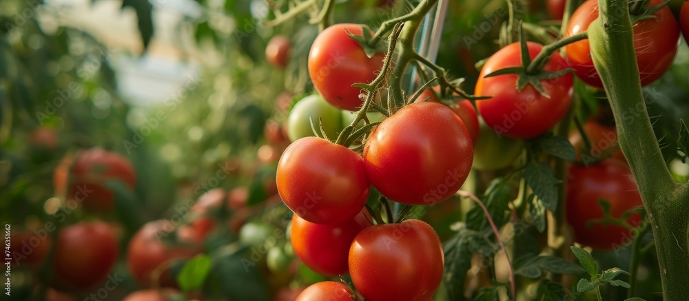 Ripe red tomatoes hanging from tree branches in a vibrant organic garden Ripe red tomatoes hanging from tree branches in a vibrant organic garden