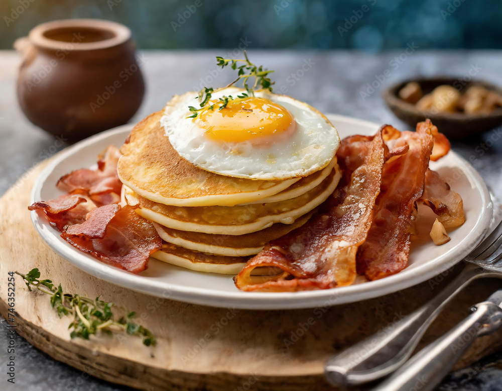 American breakfast - pancakes with bacon and egg, selective focus image. American breakfast - pancakes with bacon and egg, selective focus image.