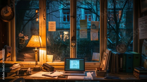 A home office scene with a desk, computer, books, and a lamp, giving a sense of warmth and organization in a personal space