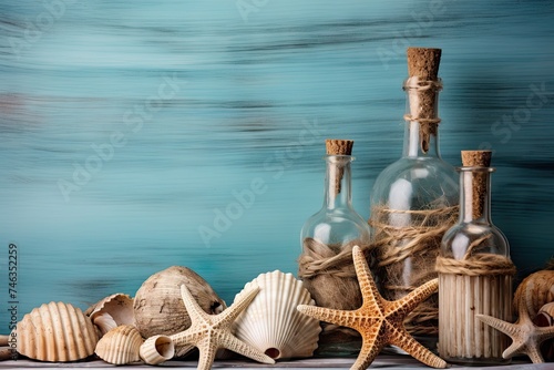 Sea Shells Blue Background, Seashells, Rope and Bottles Mockup in Rustic Style Texture, Wood
