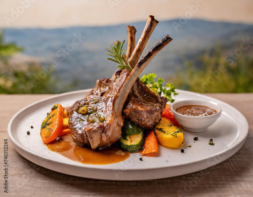 Grilled lamb chops with vegetables and sauce on a white plate on wooden tabletop against a mountain view photo