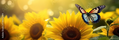 Monarch Butterfly, Danaus Plexippus, on bright yellow sunflowers on a sunny summer morning