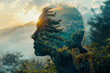 Outline of a woman head containing a serene landscape background, symbolizing the concept of inner peace and mental tranquility with copy space