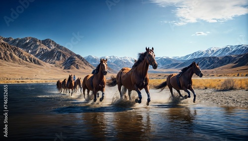 Horses running in a lake with mountains in the background