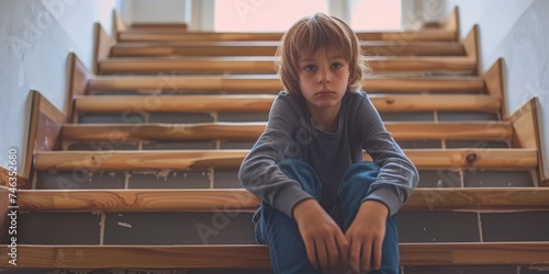 schoolboy boy sitting on the steps bullying Generative AI photo
