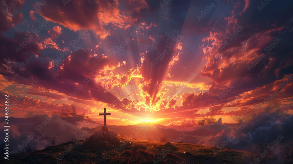 Sacred Crucifix Silhouette Against a Dramatic Sunset Sky Signifying Redemption and Faith Sacred Crucifix Silhouette Against a Dramatic Sunset Sky Signifying Redemption and Faith